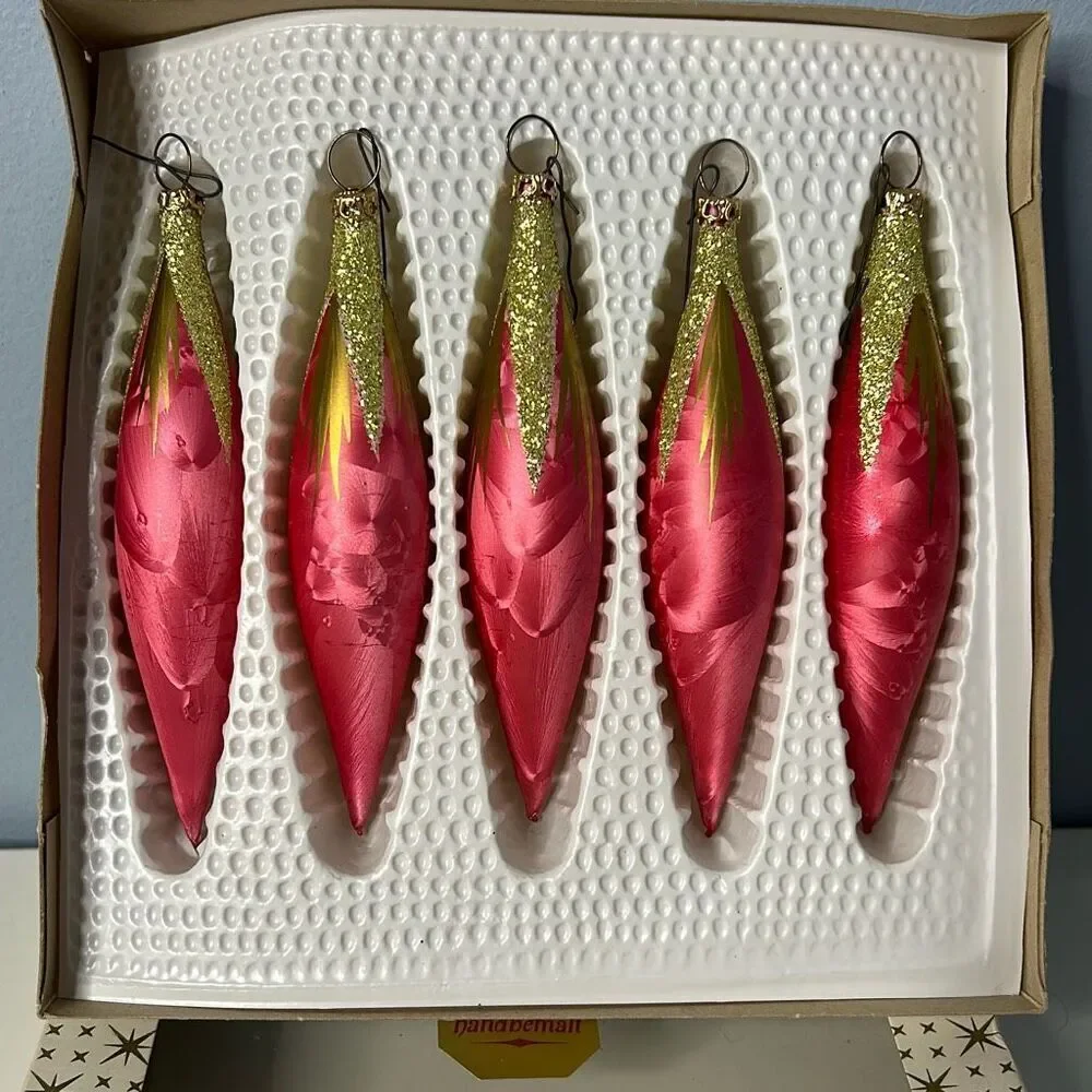 Vintage Christmas Tear Drop Ornaments Pink Gold Set of 5